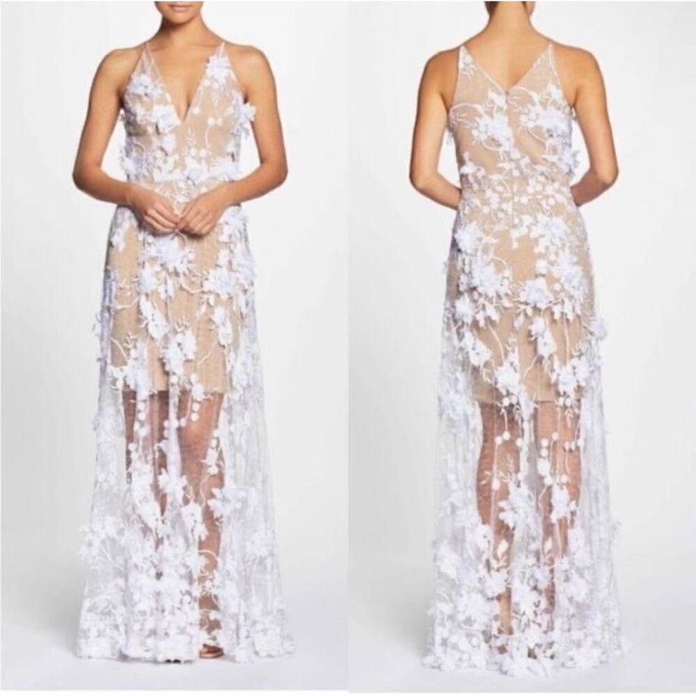 Dress The Population Sidney Illusion Skirt Floral Appliqué Lace Gown size Small
